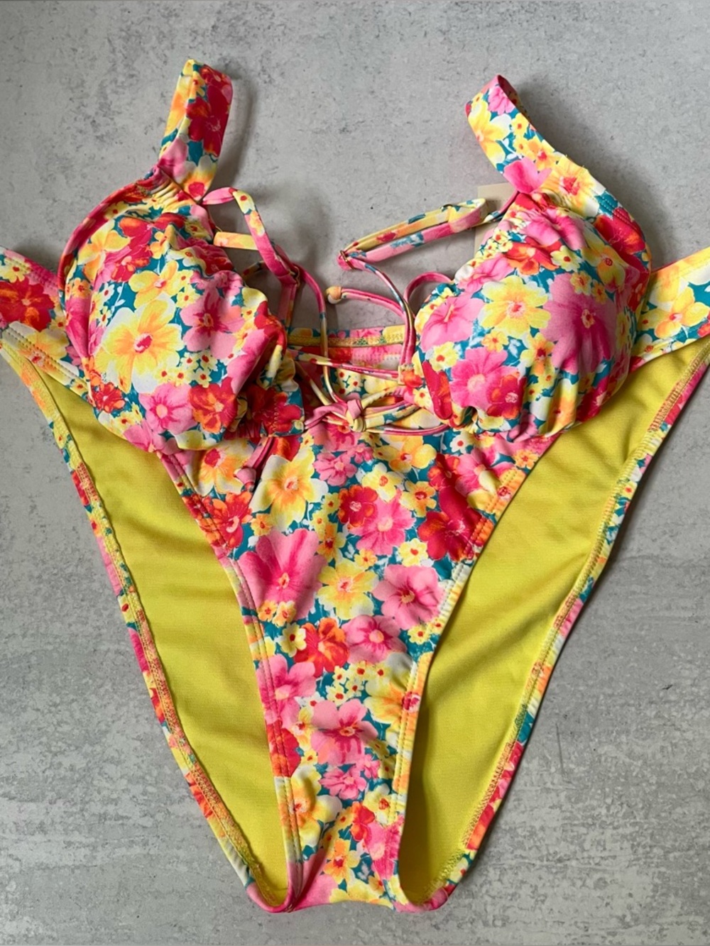 NO Boundaries Floral Bikini Set Yellow Pink Girly High Cut Tropical Colorful NEW